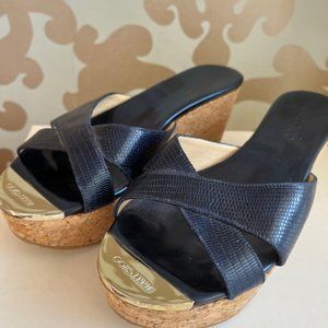JIMMY CHOO Navy Snakeskin Leather Cork Wedge Slide Sz 37.5